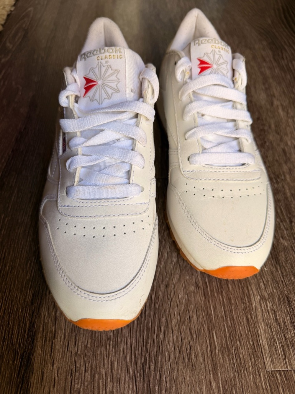 Reebok Low Top White Leather Sneakers – Orange Toe Accent – Womens